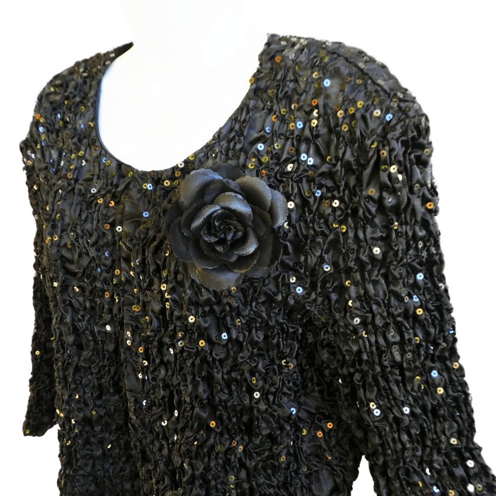 Vintage 90s Evening Jacket Crinkle Sequin Textured Popcorn Black Rose Brooch 2X